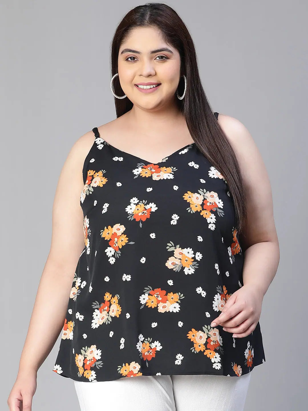 Women floral print black shoulder strap round neck plus size top