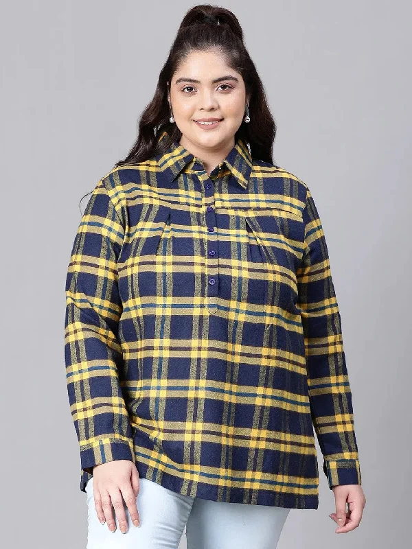 Seemed Yellow Brush Check Plus Size Women Cotton Top-W23280PBL003