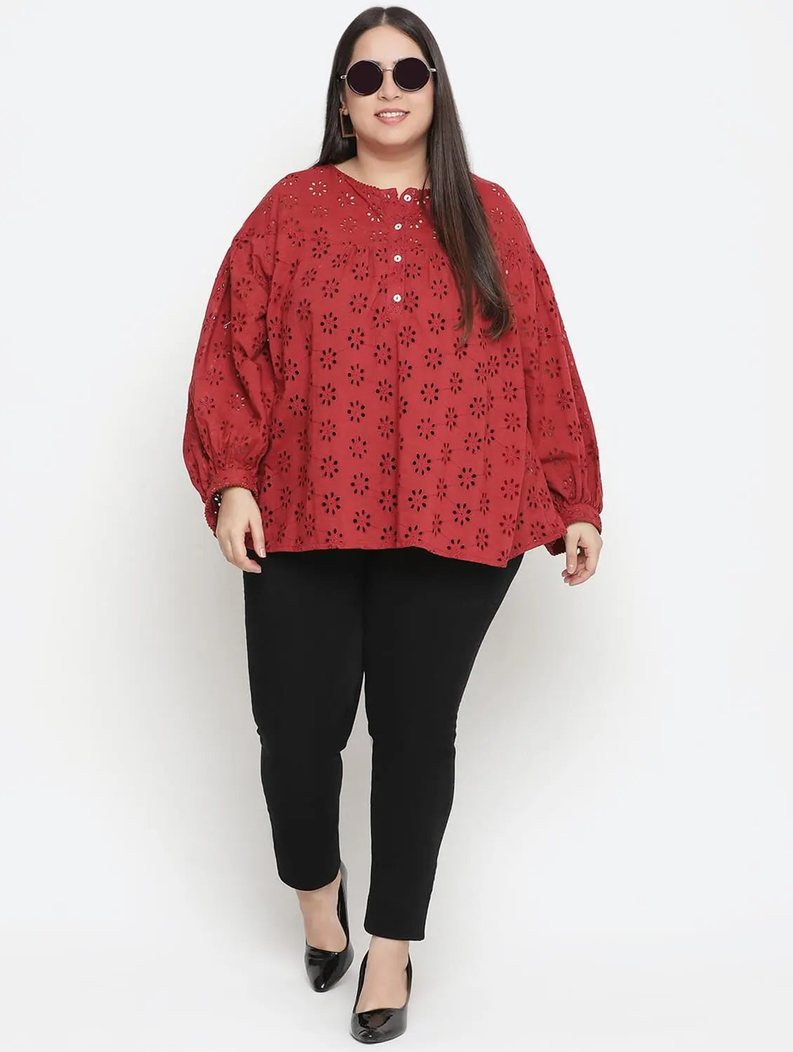 Valentine Red Schiffli Embroidery Plus Size Women Top