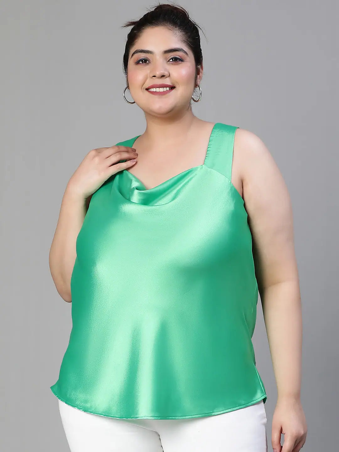 Formost Green Sleeveless Satin Plus Size Women Top