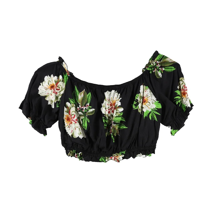 Hibluco Womens Floral Crop Top Blouse, Black, X-Large