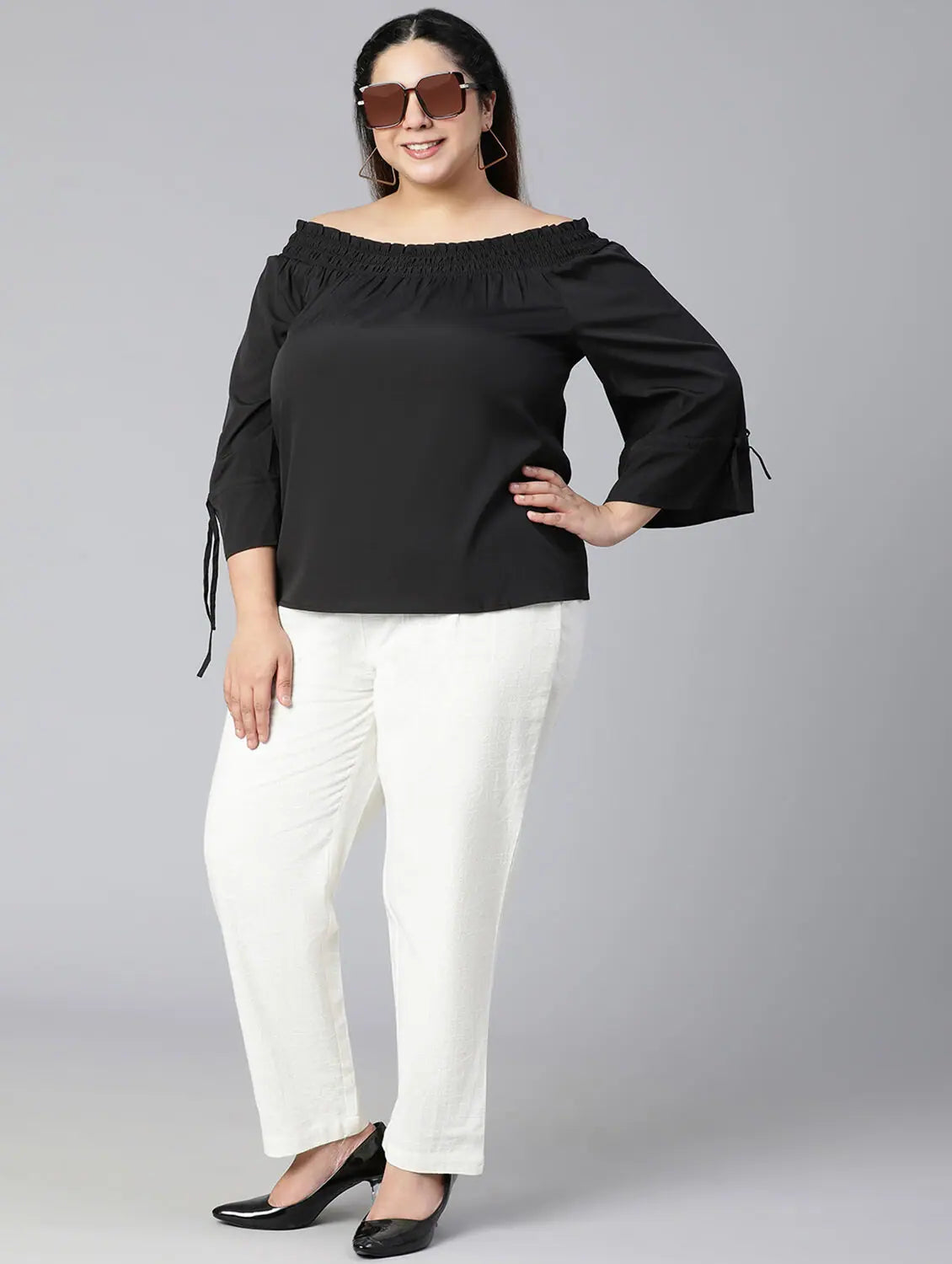 Bomber Black Off-Shoulder Plus Size Women Top