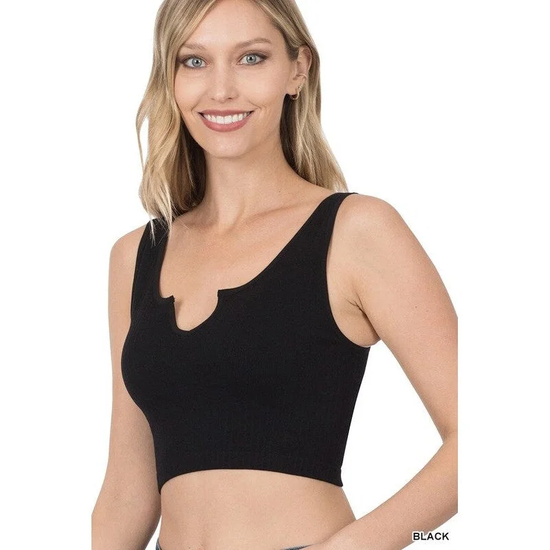 Ribbed Seamless Split Neck Crop Top