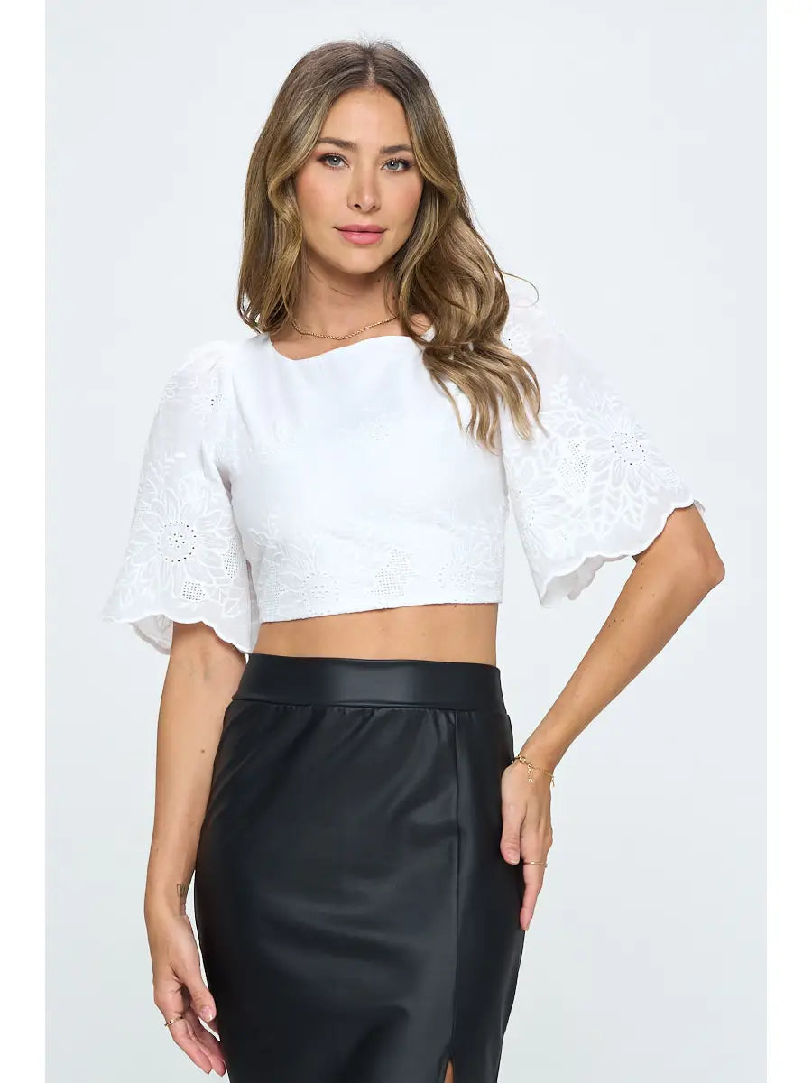 Paige Embroidered Cotton Crop Top | White