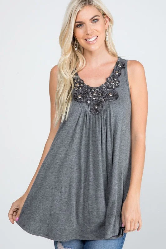 The Cicely - Women's Plus Size Beaded Tank Top in Heather Gray