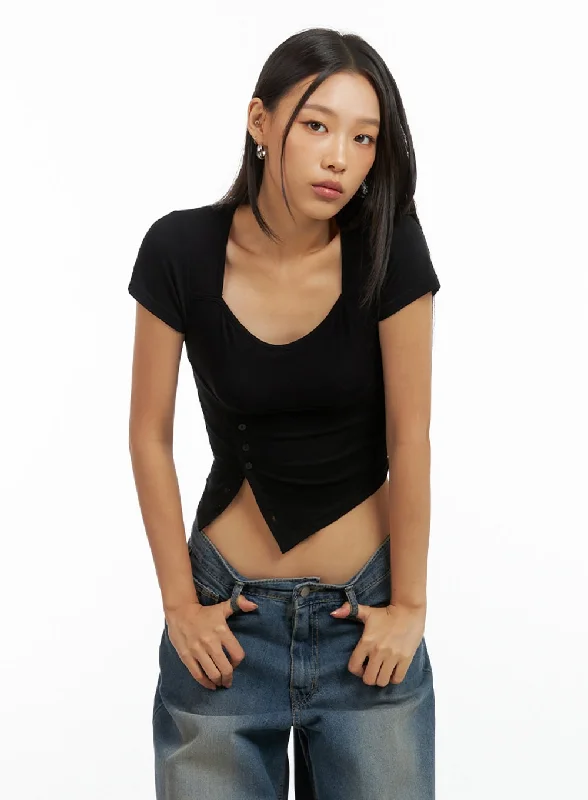 Asymmetrical Buttoned Square Neck Crop Top IG405