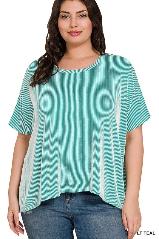 Plus size ribbed striped oversized boxy short sleeve top in lt teal