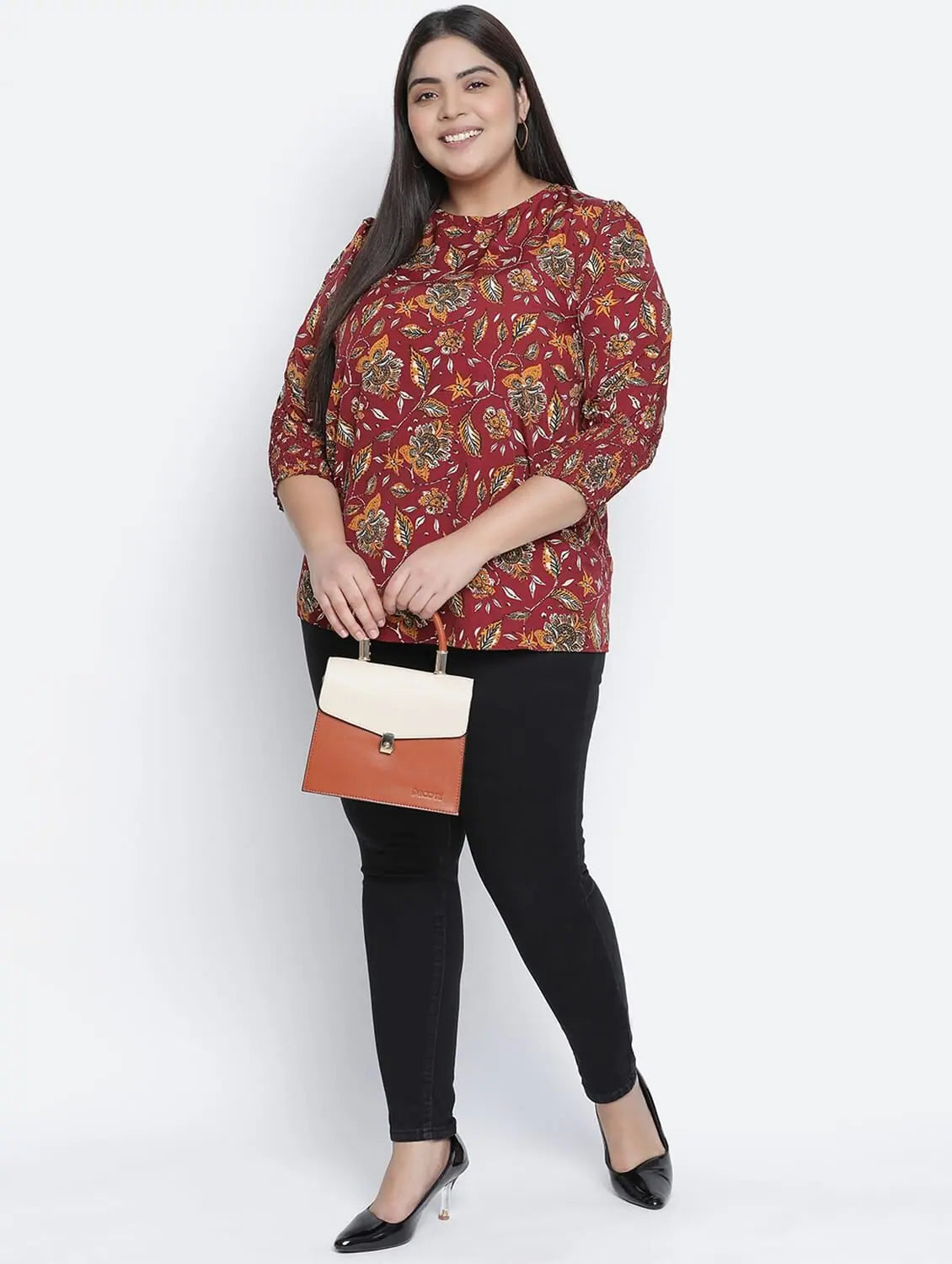 Sweet Red Floral Printed Plus Size Women Top