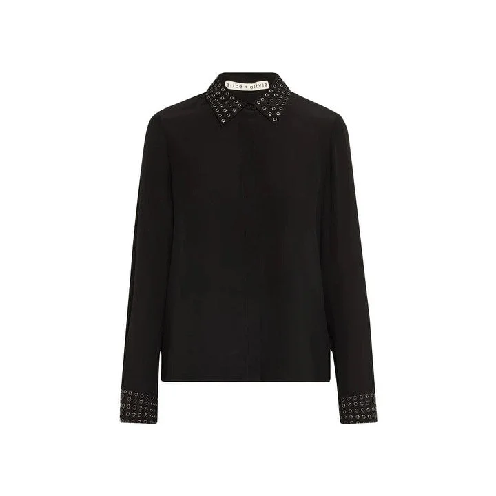 alice + olivia Willa Oversized Button Down Shirt with Grommet Detail Black