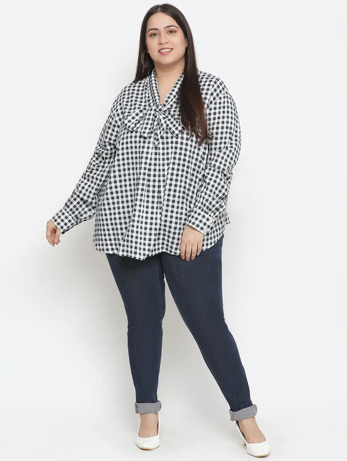 Doring Check Print Stylish Plus Size Women Top