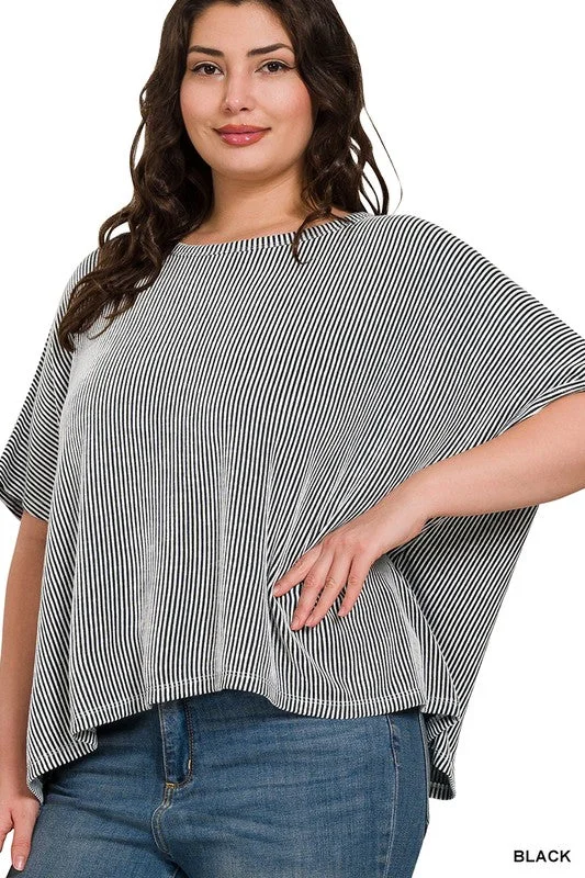 Plus size ribbed striped oversized boxy short sleeve top in black