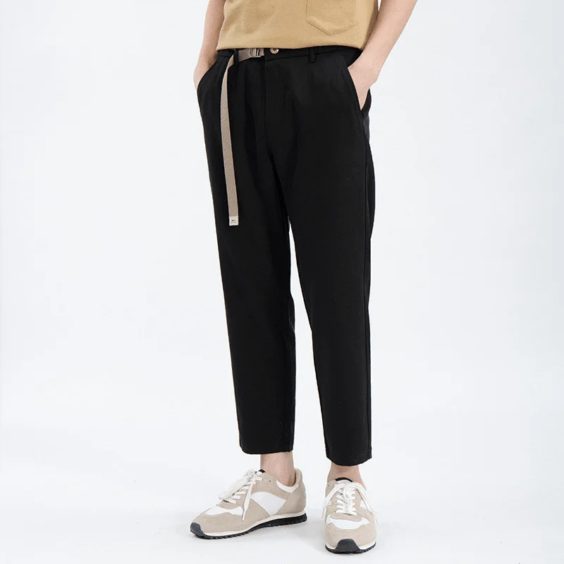 Spring and Summer Silk Cropped Trousers Men'S Belt Pure Color Elastic Waist Slim Straight Casual Pants