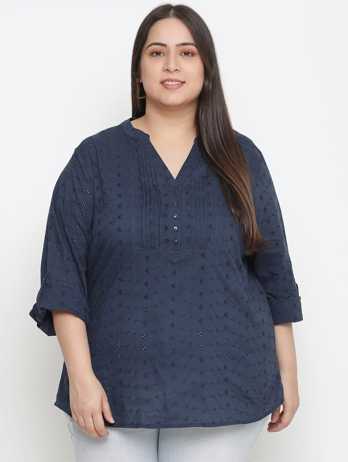 Luring Blue Schiffli Embroidery Plus Size Women Top