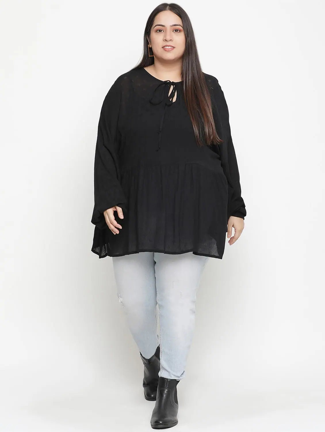 Black Dobby Print Elegant Plus Size Women Top