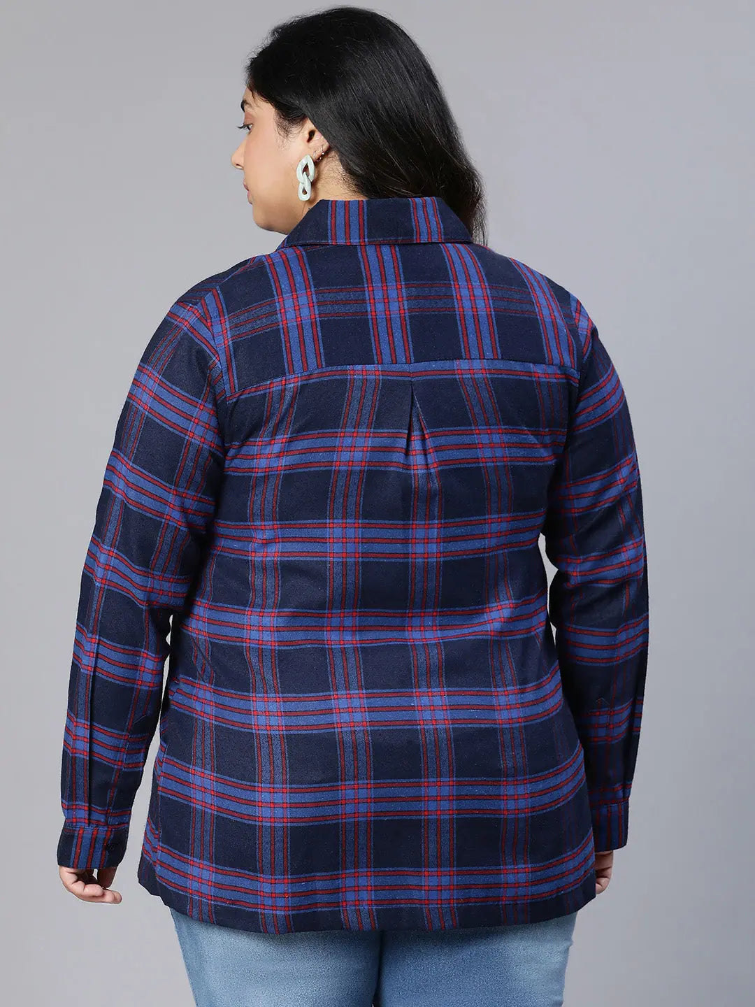 Clare Navy Blue Brush Check Plus Size Women Top