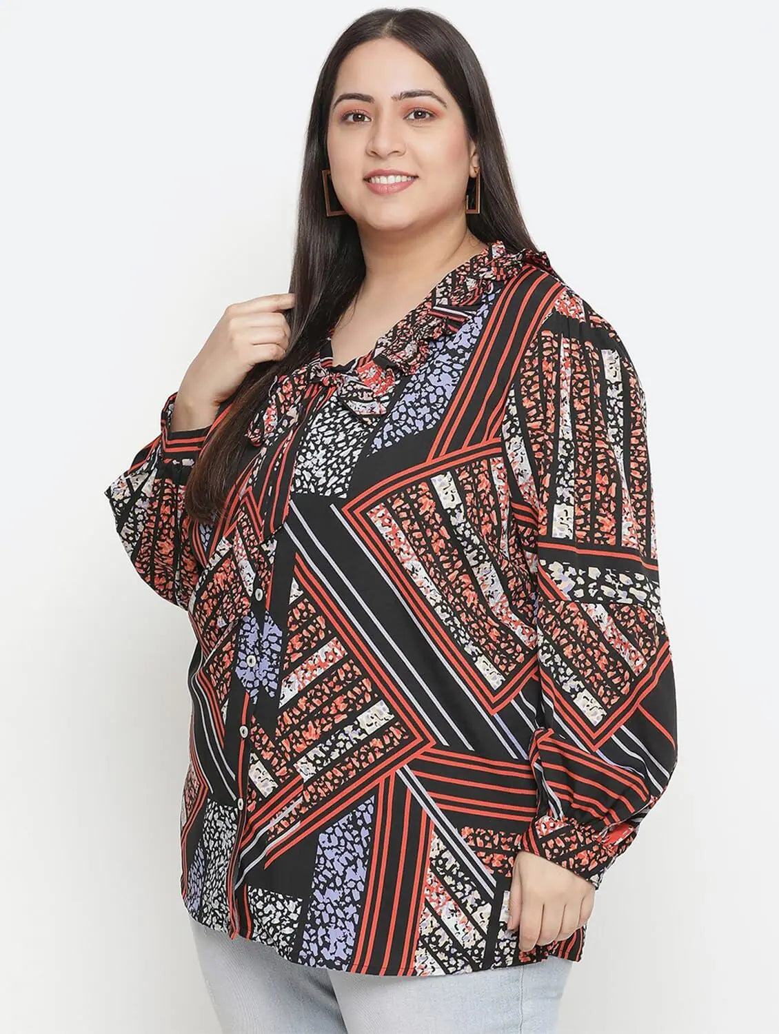 Classy Pleated Neck Tie Knot Printed Plus Size Women Top