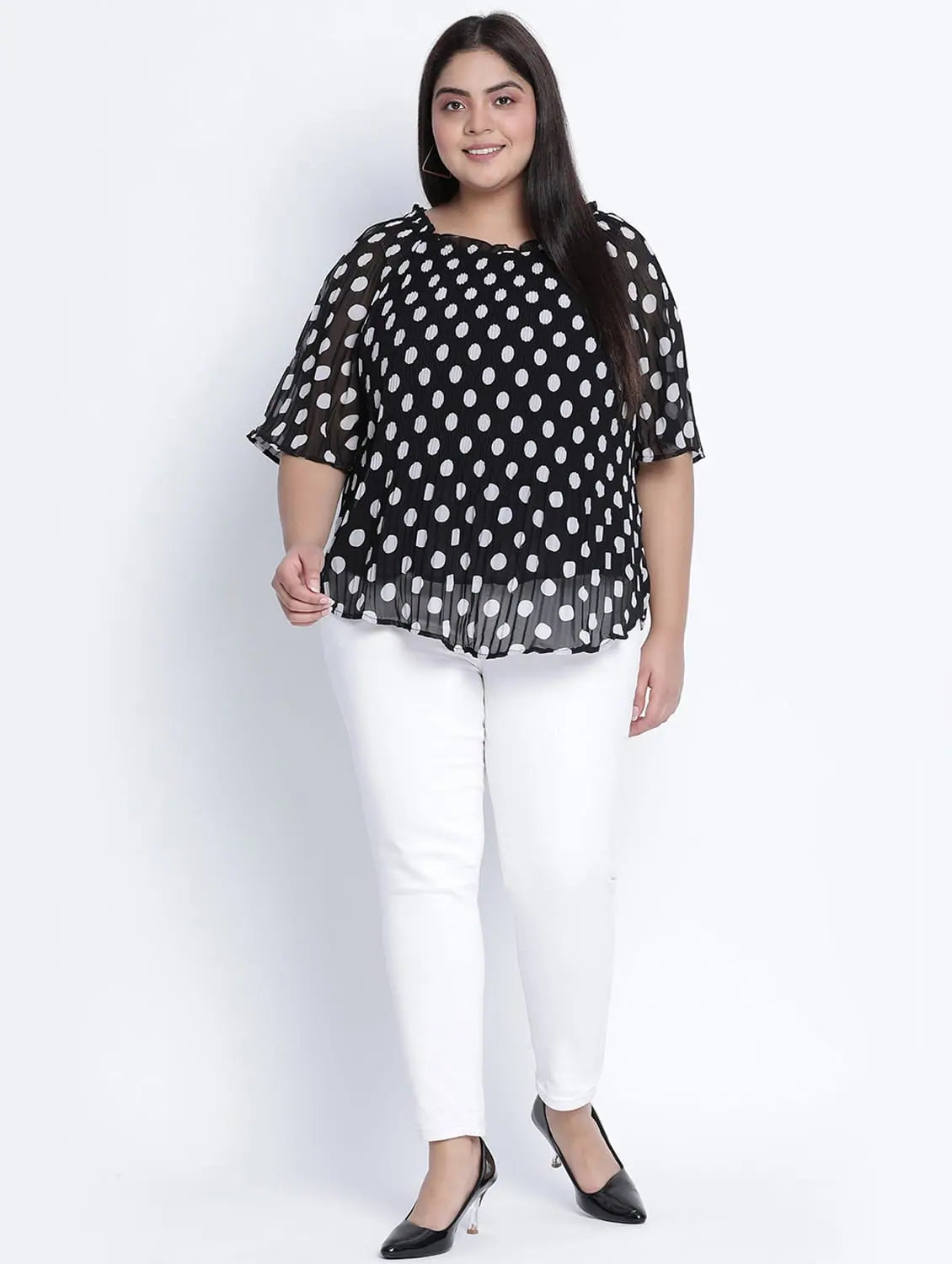 Blackablizz Pleated Polka Printed Plus Size Top