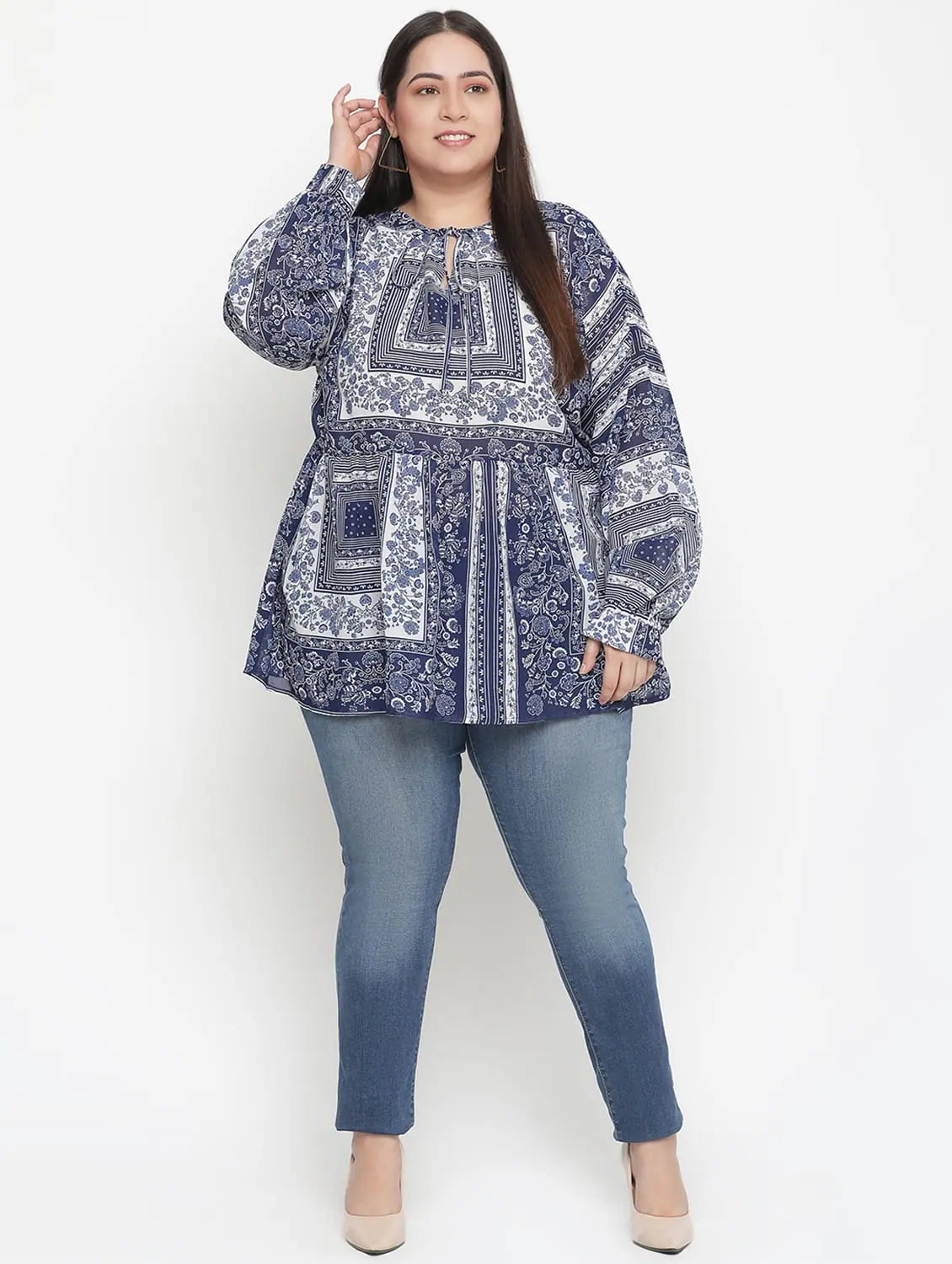 Alive Blue Tropical Print Plus Size Women Top