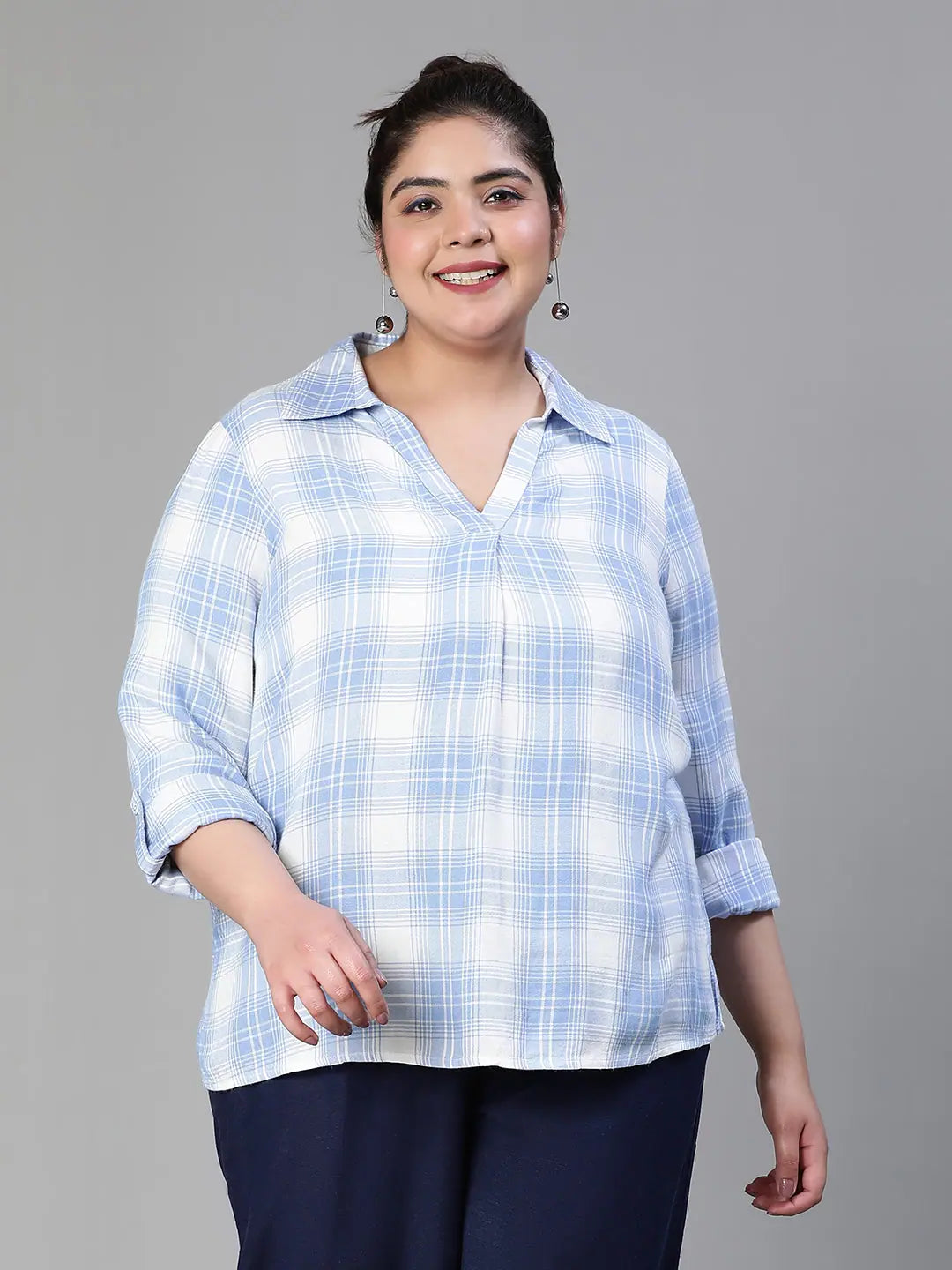 Pannel Blueb Check Print Collared Plus Size Women Shirt