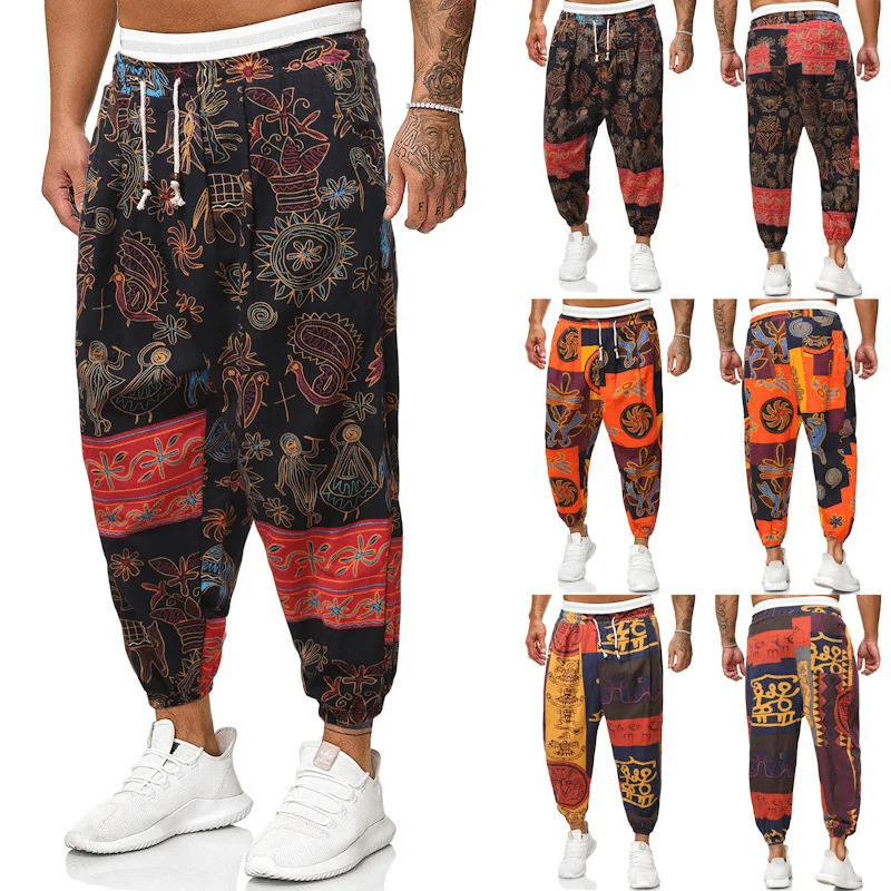 Casual Harem Pants Men'S Ethnic Style Cotton and Linen Loose Cropped Trousers