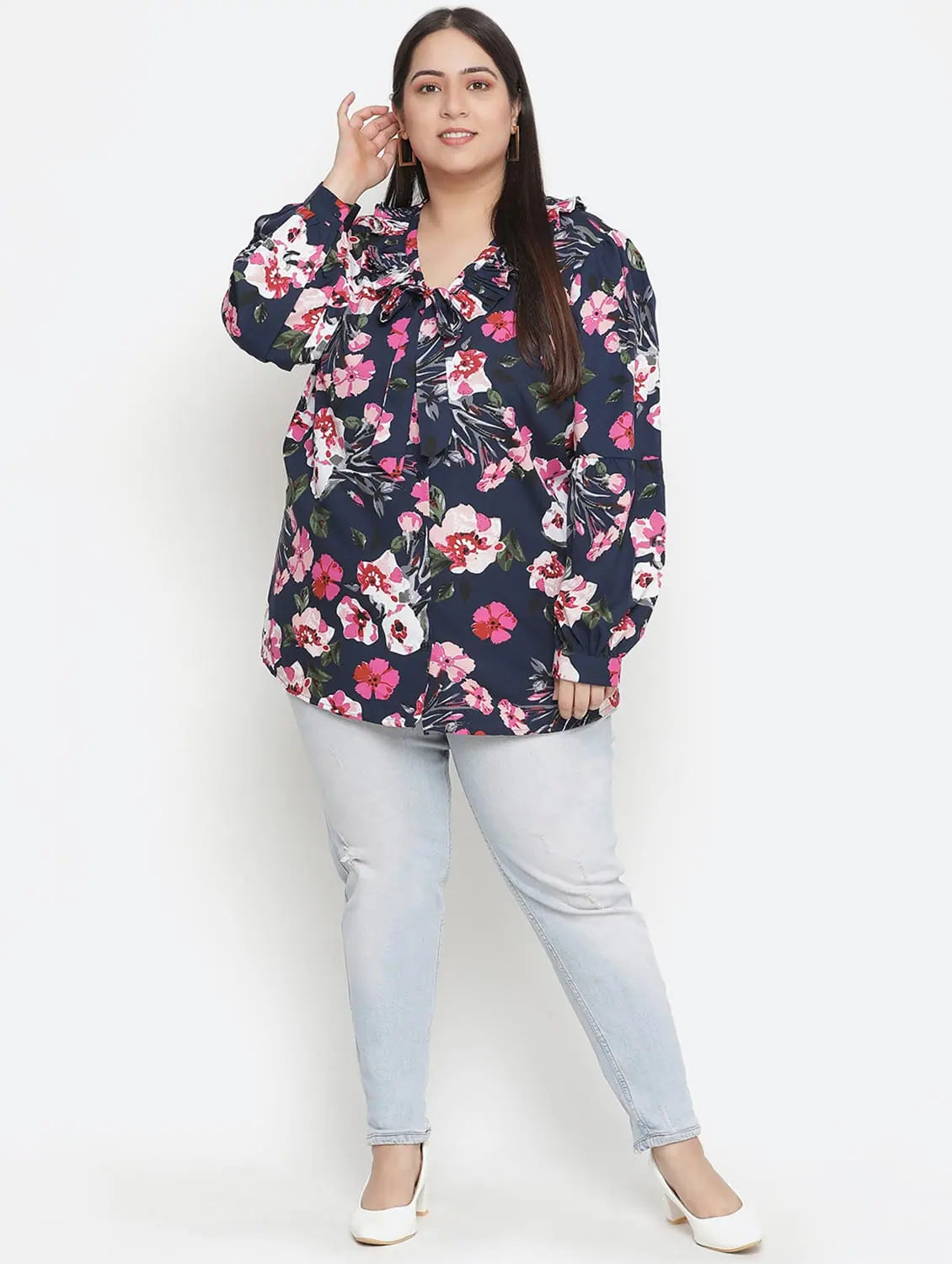 Heavens Blue Floral Print Pleated Neck Tie Knot Plus Size Women Top