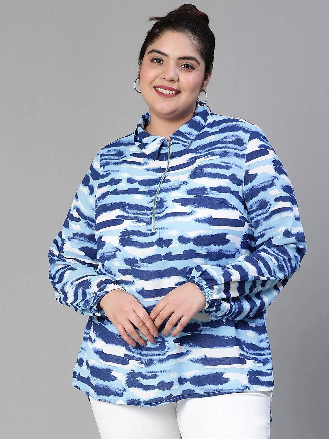 Western Blue Printed Collar With Zip Plus Size Women Top