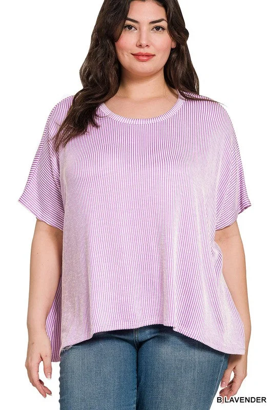 Plus size ribbed striped oversized boxy short sleeve top in lavendar