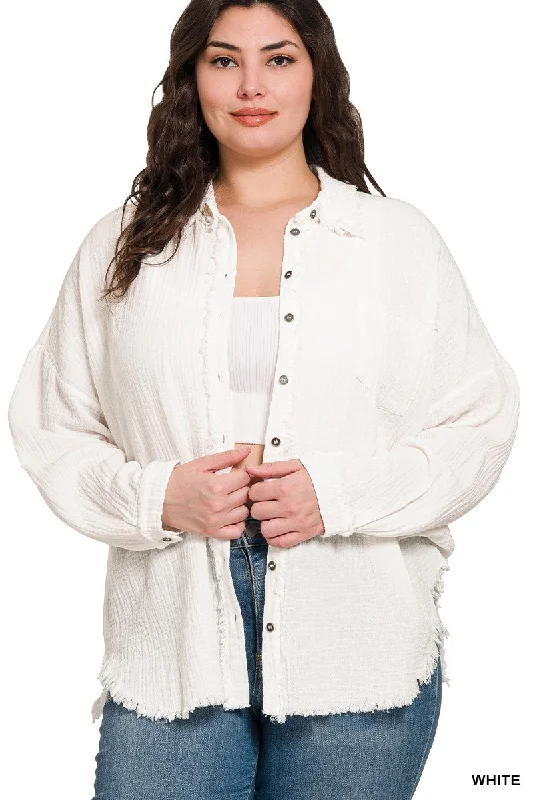 Plus Size double gauze oversized raw edge shirt in White