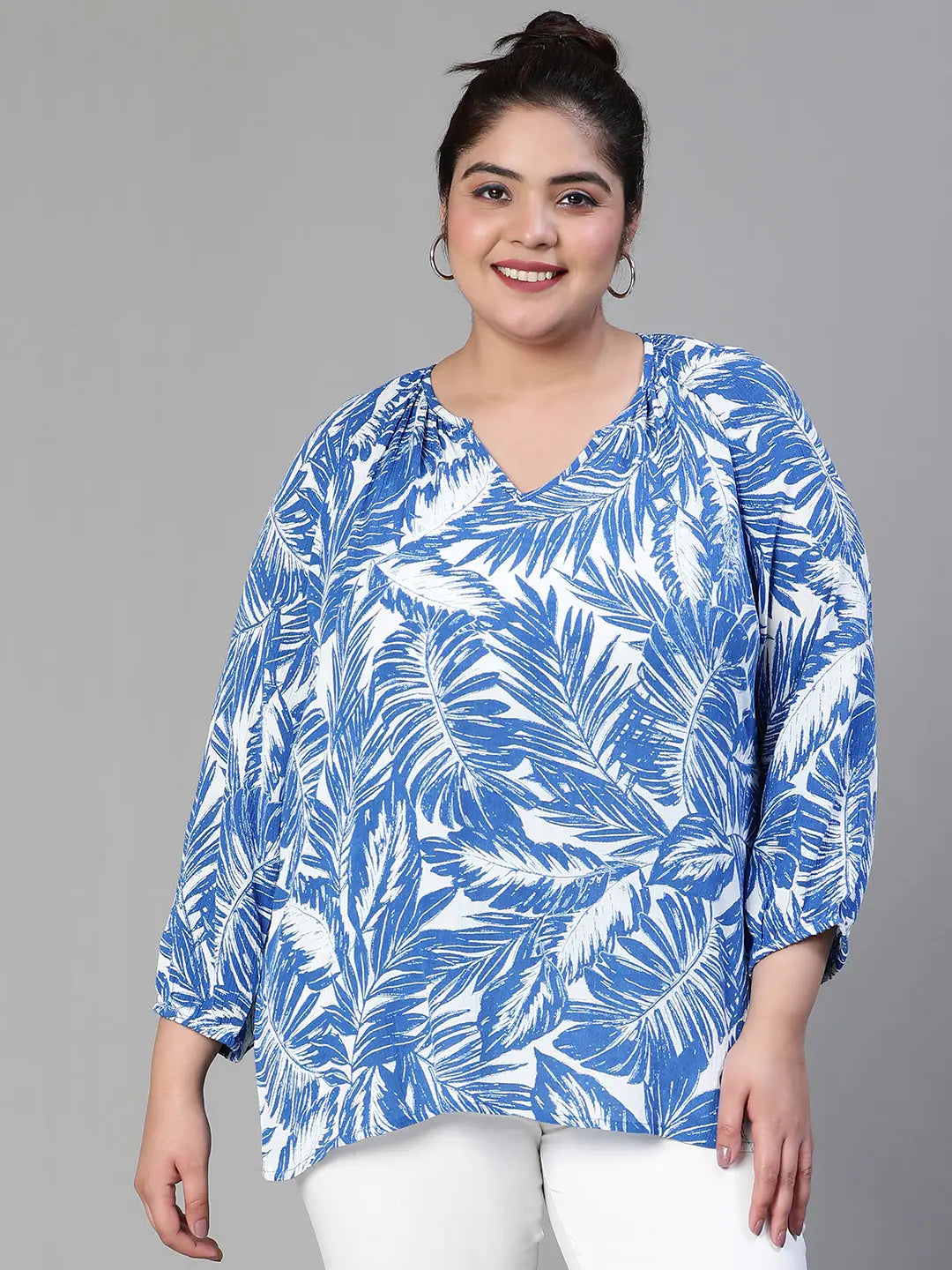 Icey Blue Tropical Print Plus Size Women Casual Top