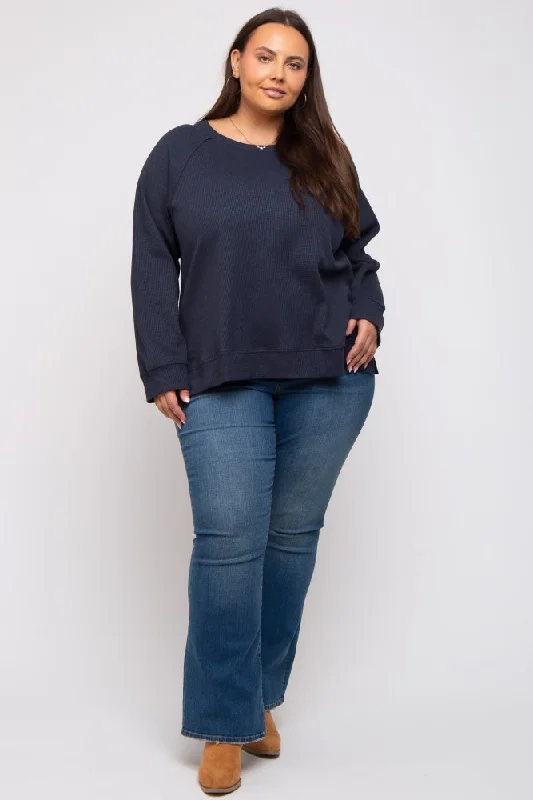 Navy Oversized Waffle Knit Plus Long Sleeve Top