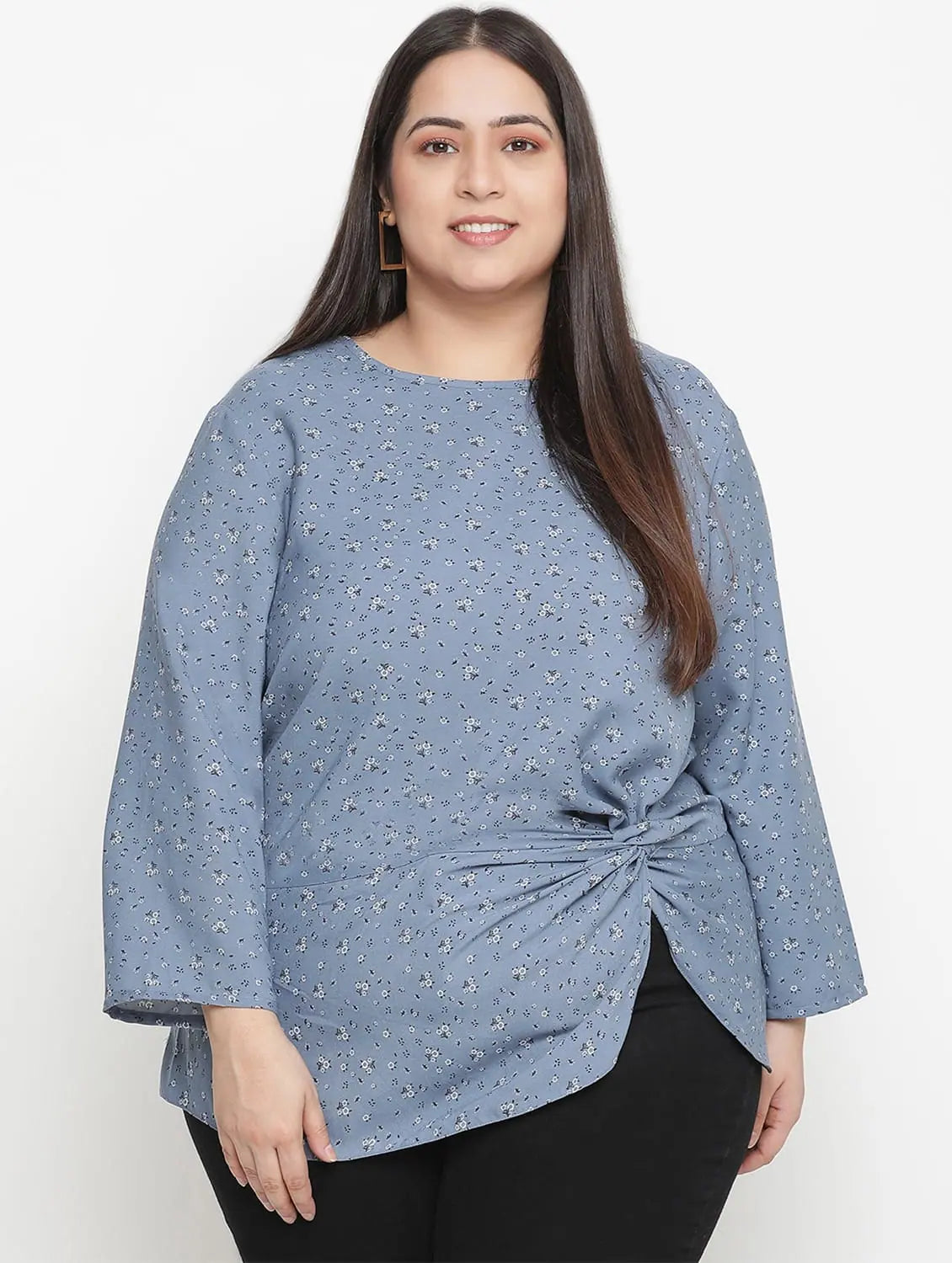 Galaxy Grey Floral Print Plus Size Women Top