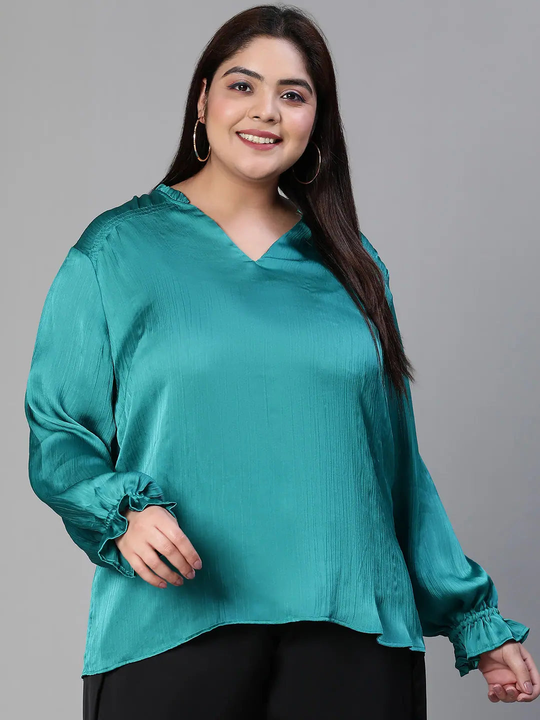 Go Go Bell Sleeve Soild Green Plus Size Women Top