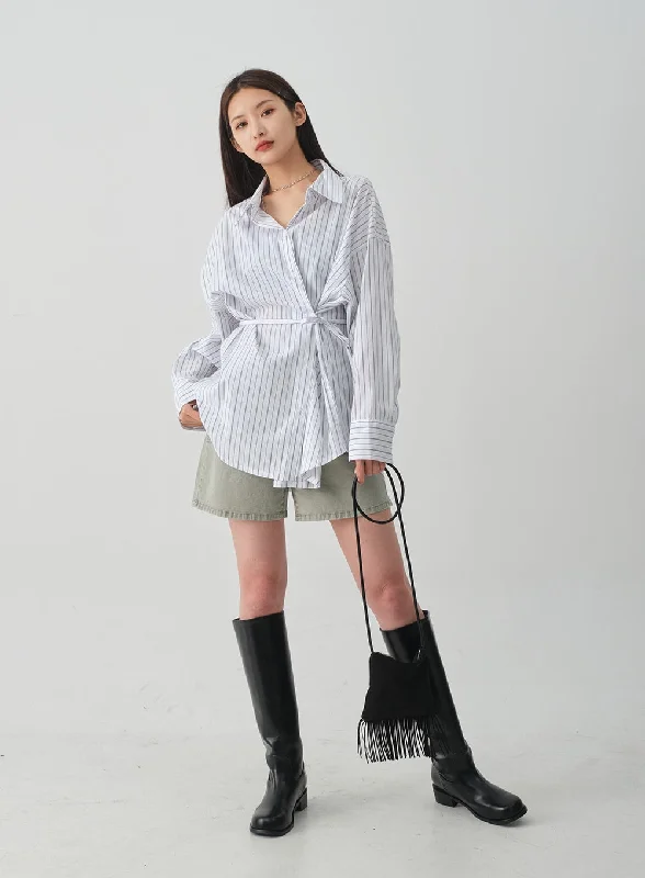 Oversized Striped Shirt with Waist Band Set CY27