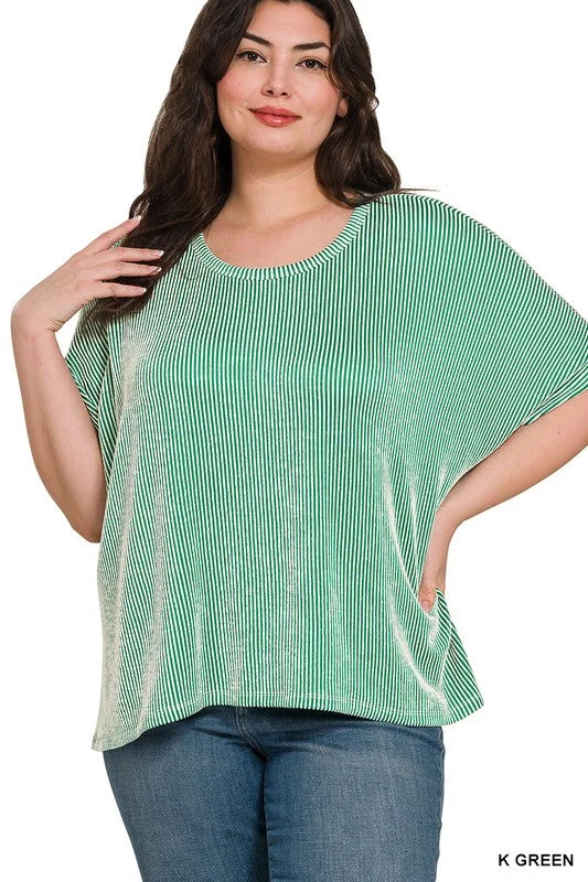 Plus size ribbed striped oversized boxy short sleeve top in kelly green