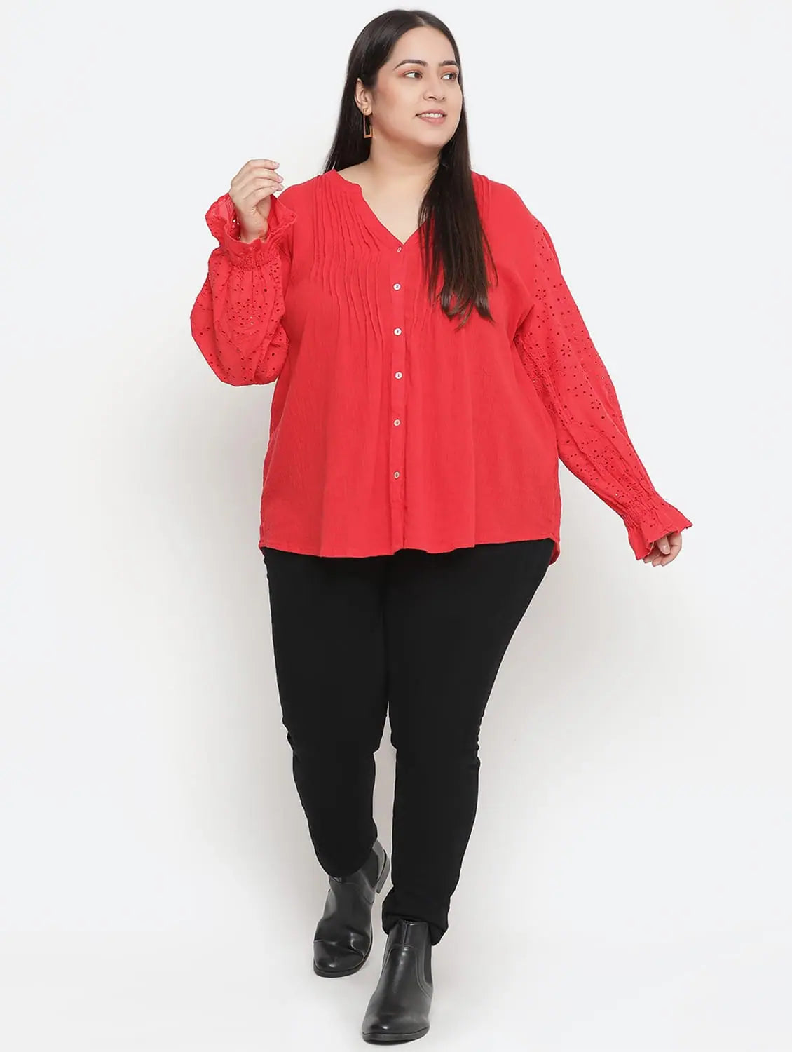 Pleasant Red Schiffli Embroidery Plus Size Women Top