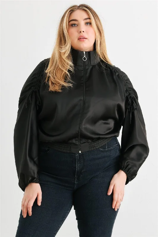 Plus Size Satin Ruched Sleeve Bomber Jacket