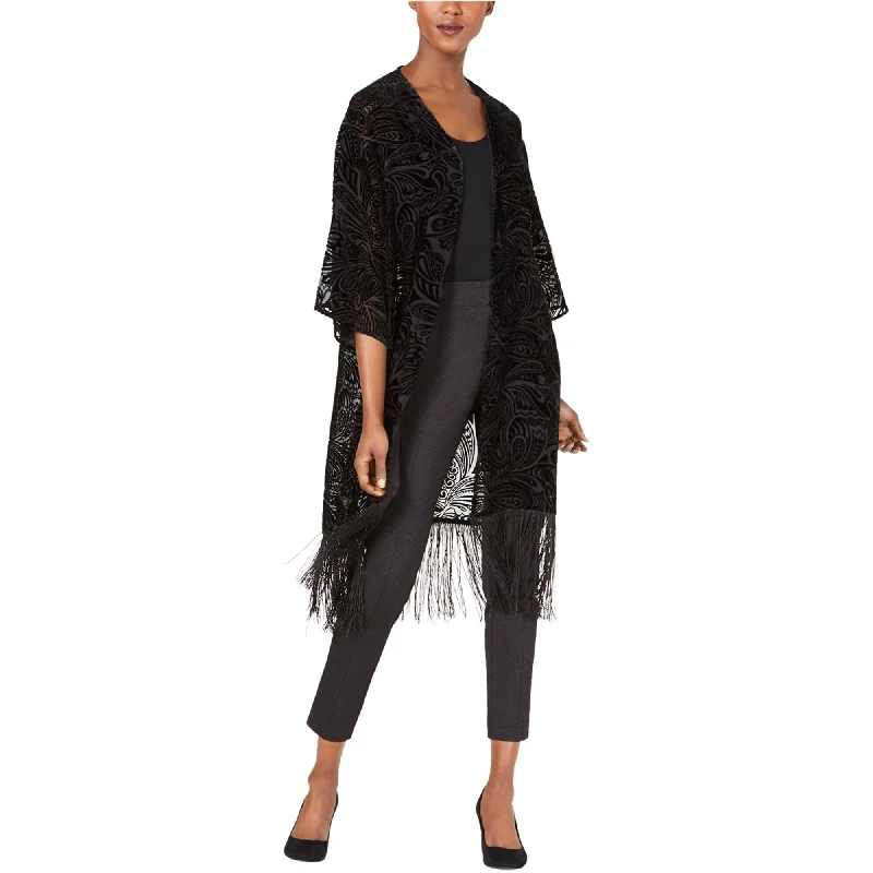 Anne Klein Womens Fringed Shawl Sweater, Black, Small