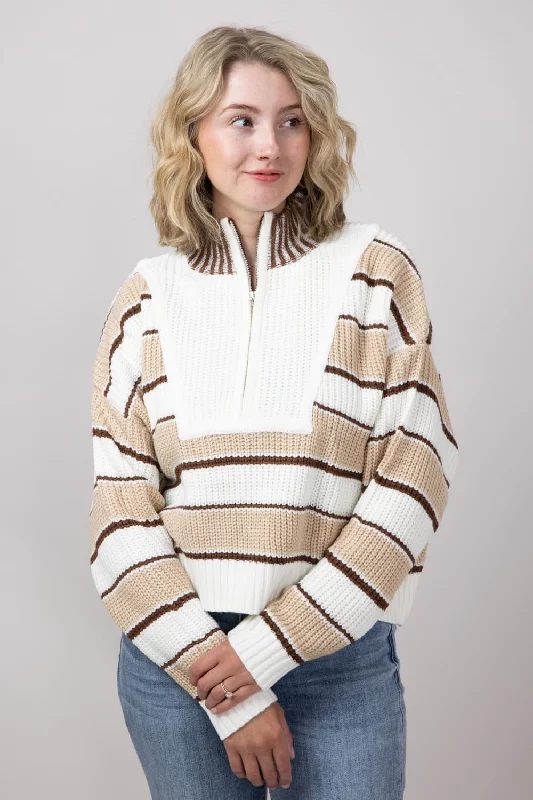 Colorblock Half Zip Striped Sweater for Women in Ecru | KSW1890-ECRU