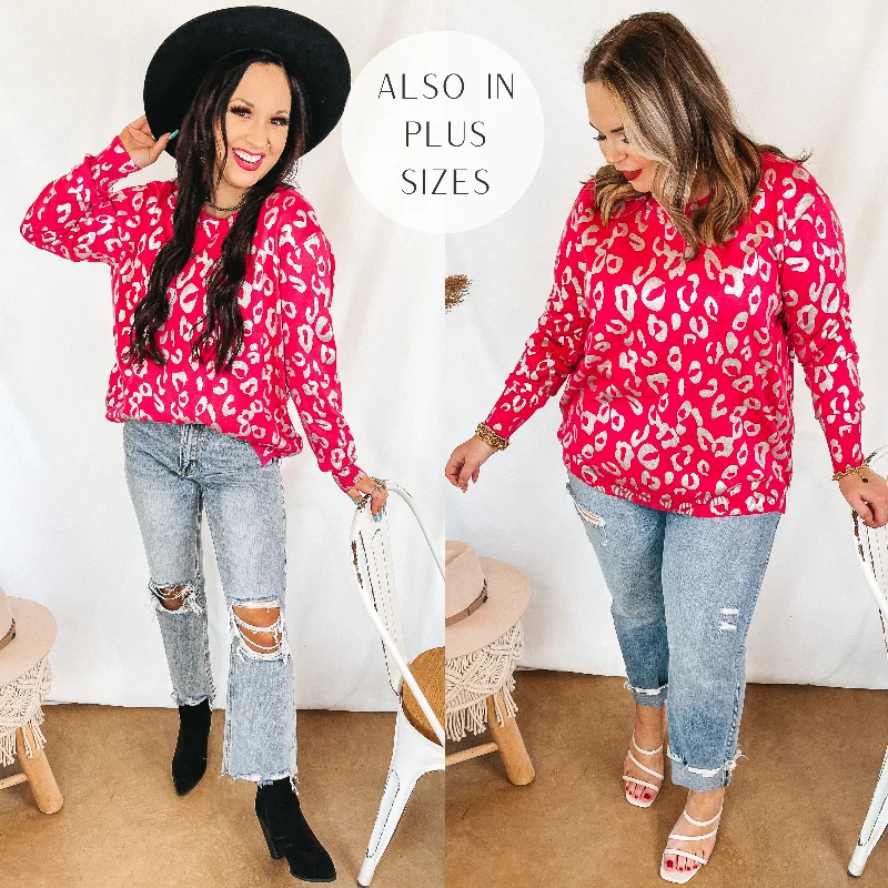 Last Chance Size 2XL/3XL | Trend Spotter Silver Metallic Leopard Print Sweater with Zipper Detail in Fuchsia Pink