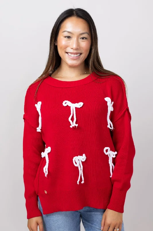 Simply Southern Bows Sweater for Women in Red | PP-0224-SWTR-CABLEKNIT-RED