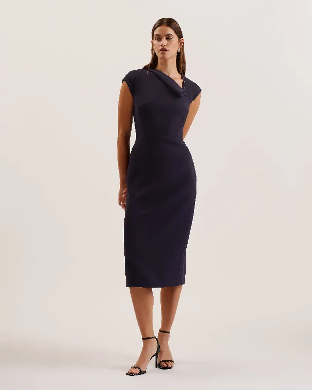 Bayree Asymmetric Folded Neckline Midi Dress Navy