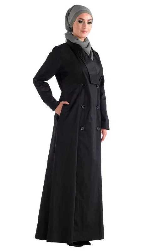 Black front open jilbab with a Trench Coat Collar