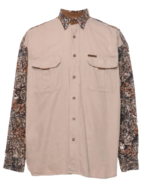 Camouflage Print & Beige Contrast Denim Shirt - L