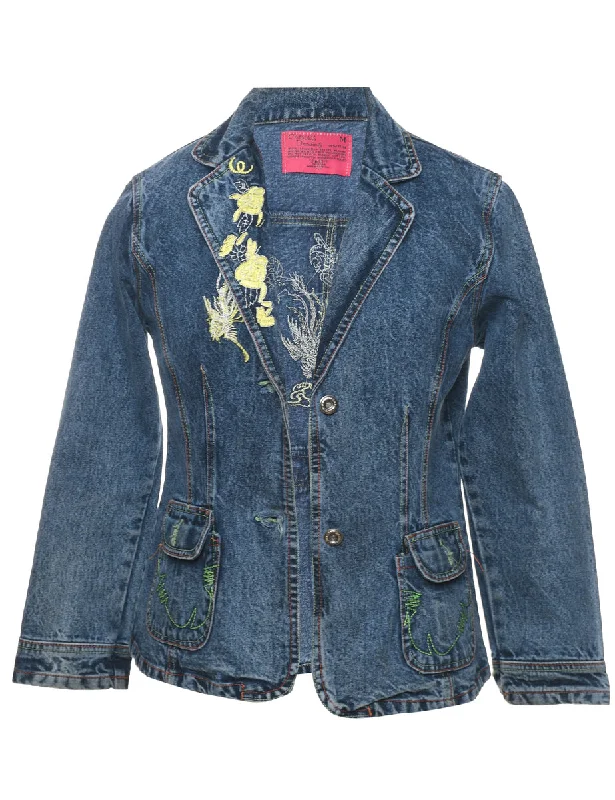 Embroidered Floral Stonewash Denim Jacket - M