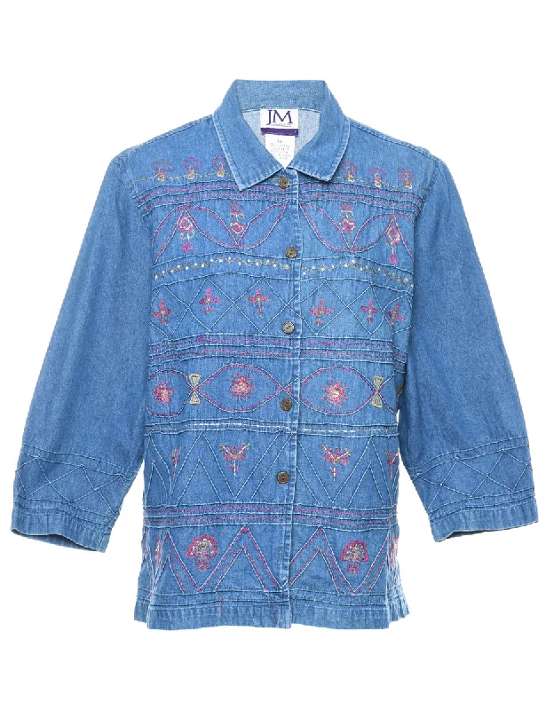 Embroidered Medium Wash Denim Shirt - L