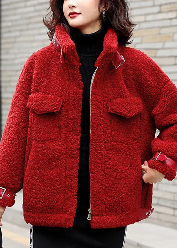 Loose Red Zippered Solid Patchwork Teddy Faux Fur Coat Winter