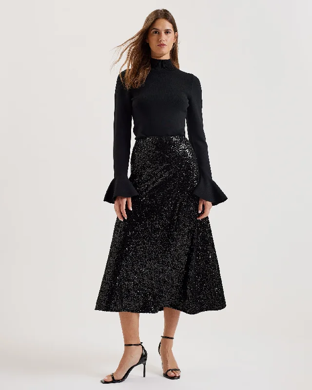 Lusa Sequin Bias Cut Midi Skirt Black