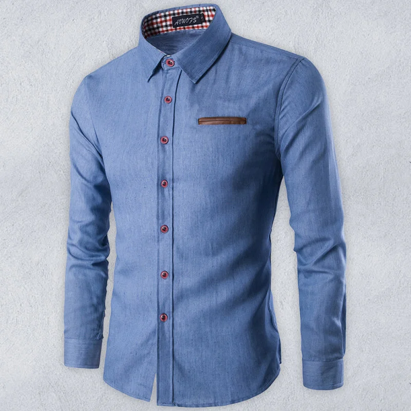 Men's Casual Shirt Pocket Patch Leather Long Sleeve Shirt Denim Shirt