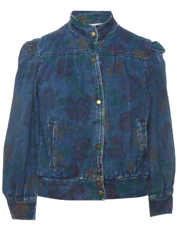 Patterned Indigo Floral 1990s Denim Jacket - M