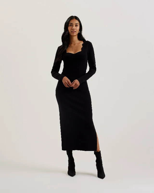 Sharmha Scallop Detailed Bodycon Midi Knit Dress Black